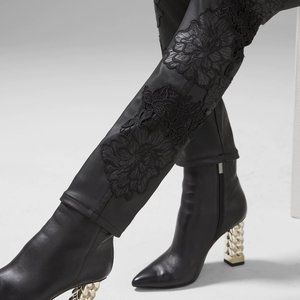 WHBM NWT $150 High-Rise Coated Denim & Lace Slim Jeans Black